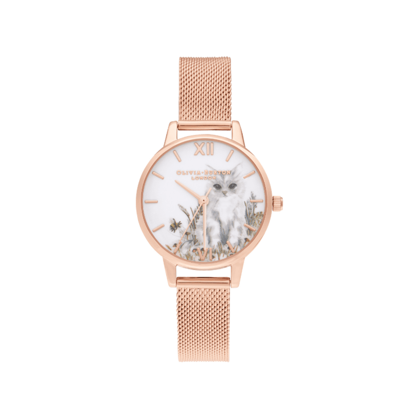 ĐỒNG HỒ OLIVIA BURTON ILLUSTRATED ANIMALS CAT MIDI ROSE GOLD MESH