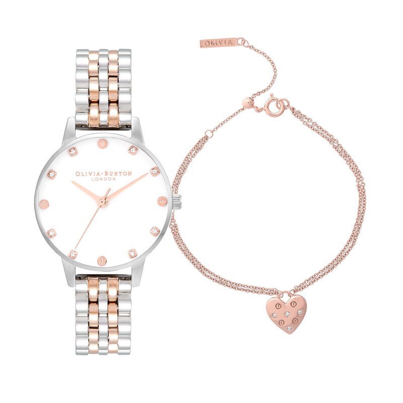 Silver & Rose Gold Bracelet Watch & Classic Bracelet Gift Set 30mm