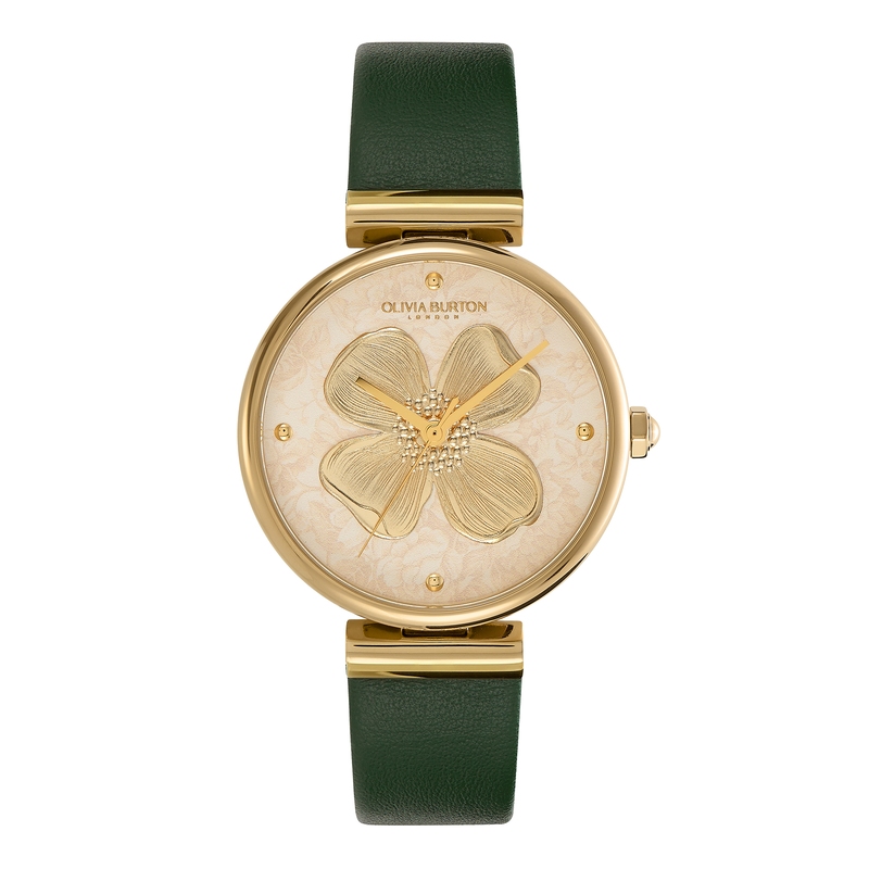 36mm Dogwood T-Bar Light Gold & Green Leather Strap Watch