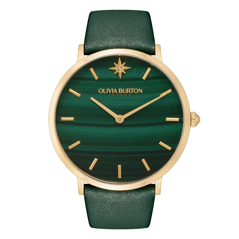 40mm Faux Malachite, Gold & Black Leather Strap Watch