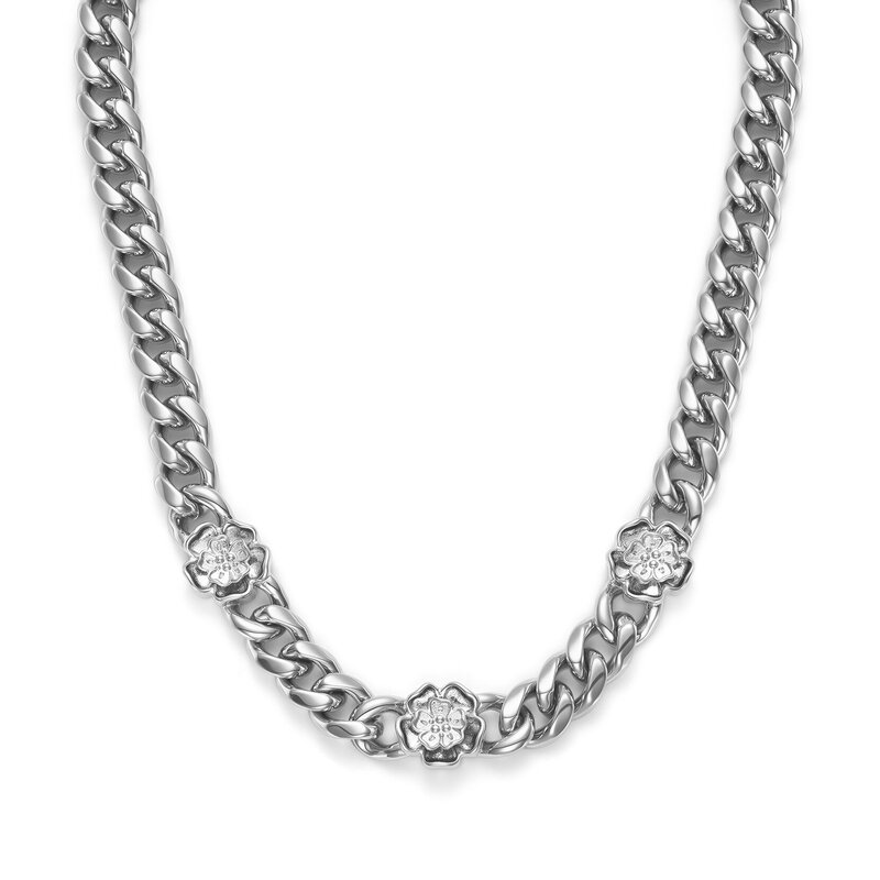 Tudor Rose Silver Tone Link Chain Necklace