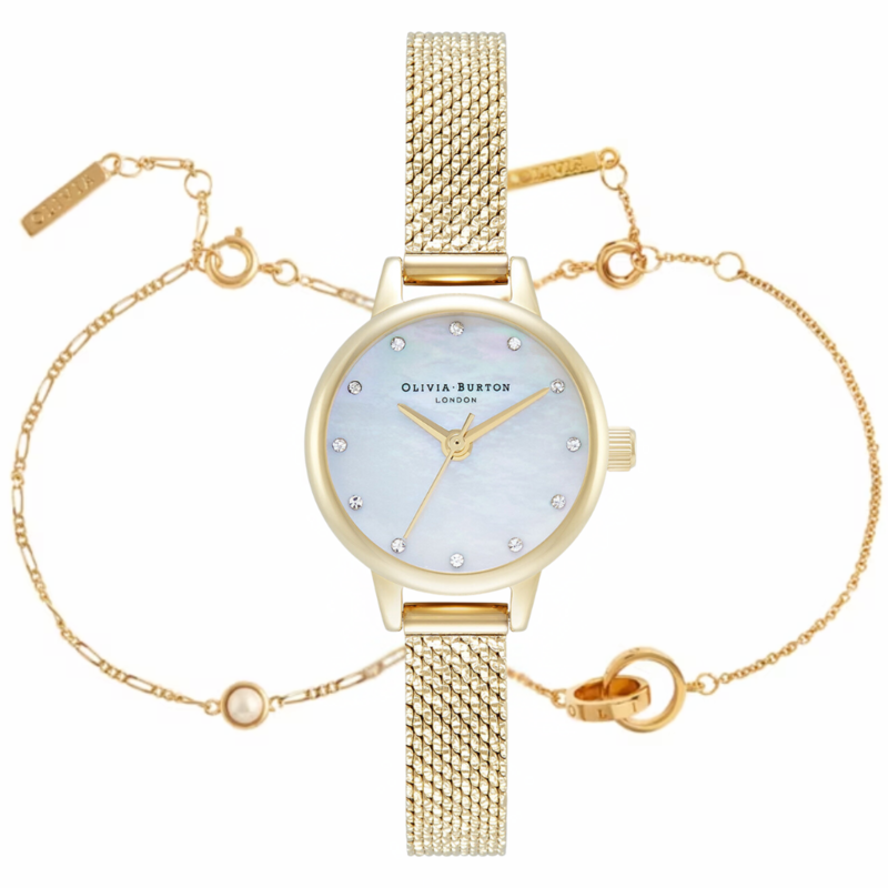 White & Gold Mesh Watch & Interlink & Pearl Bracelet Gift Set 23mm