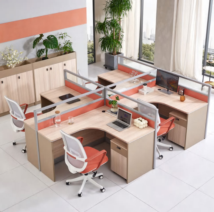 Bàn làm việc 4 chỗ ngồi màu kaki