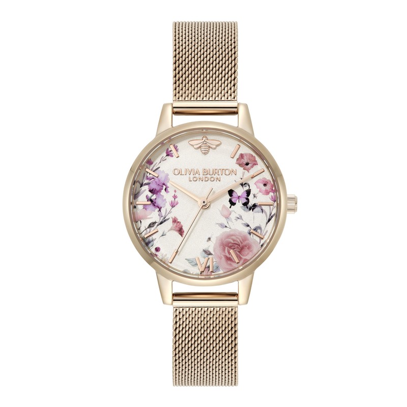 QTM 30mm Illustrated Floral Rose Gold Mesh Watch