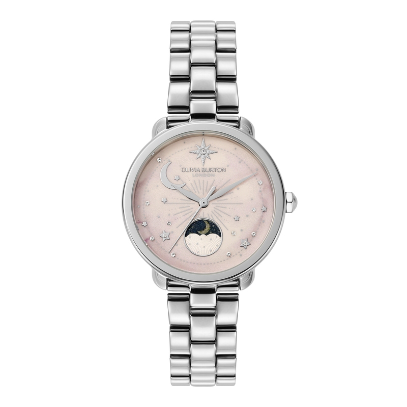 Celestial 34mm Moon Phase Pink & Silver Bracelet Watch