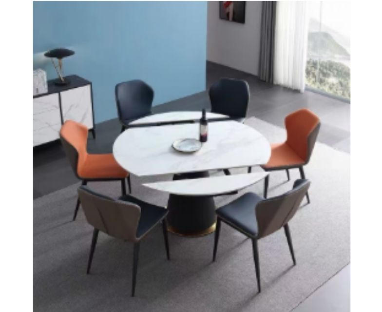 Bàn ăn mặt đá xoay tròn / Chân bàn khối trụ viền vàng